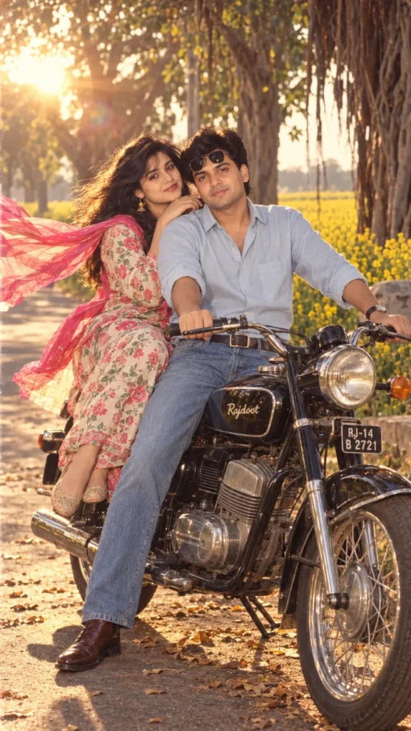Hero-Heroine on a Vintage Rajdoot Motorcycle