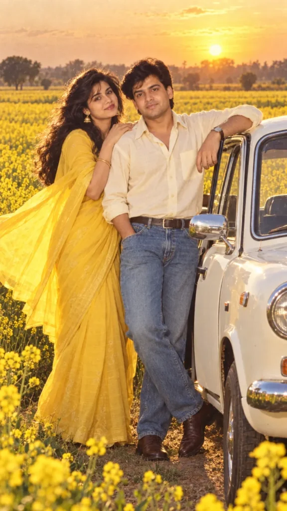 Vintage Bollywood Couple With Classic Ambassador Car