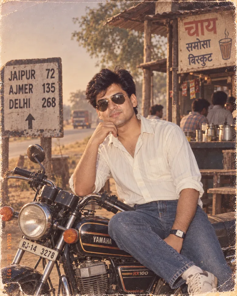 Retro Roadside Motorcycle Portrait Prompt