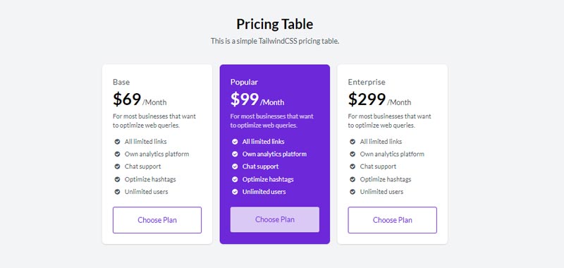 Tailwind CSS Pricing Table