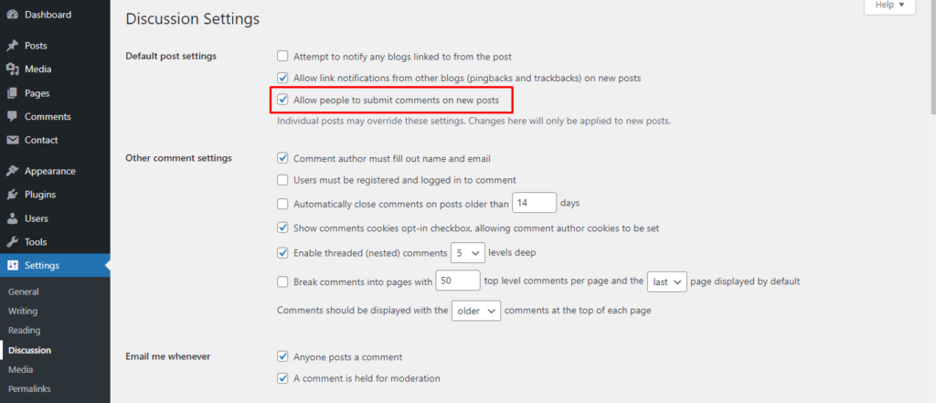 wordpress discussion setting page