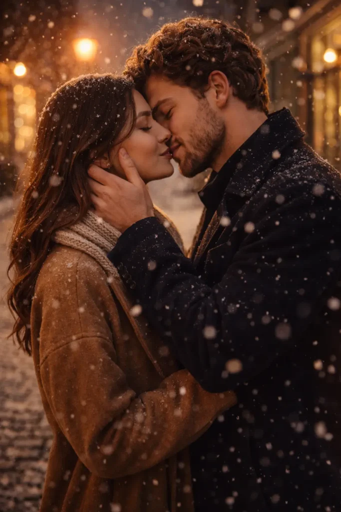 couple snowfall kiss Identity locked ai photo prompt