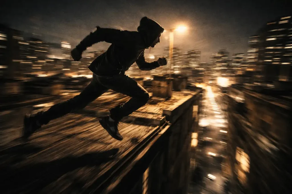 rooftop night chase scene photo prompt