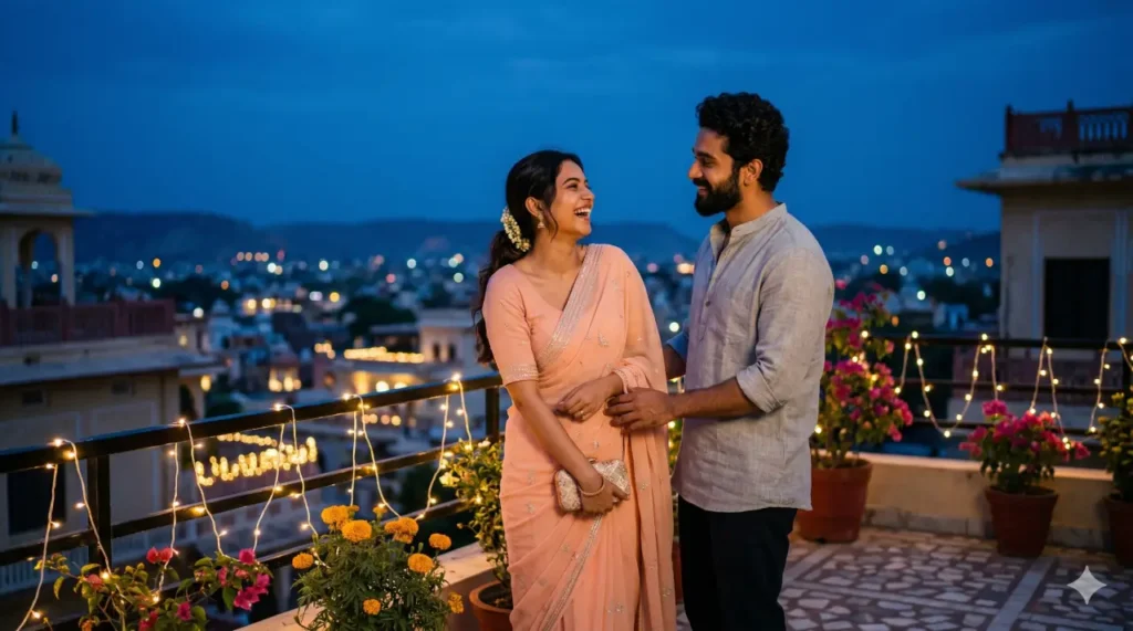 Indian couple on a rooftop ai photo prompt