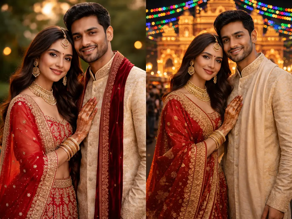 Pandal Exterior Night Shot Couple Portrait