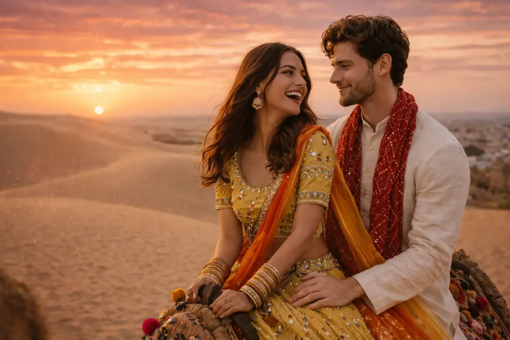 camel ride at sunset photo editing prompt