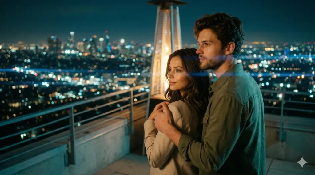 late night rooftop couple photo ai prompt