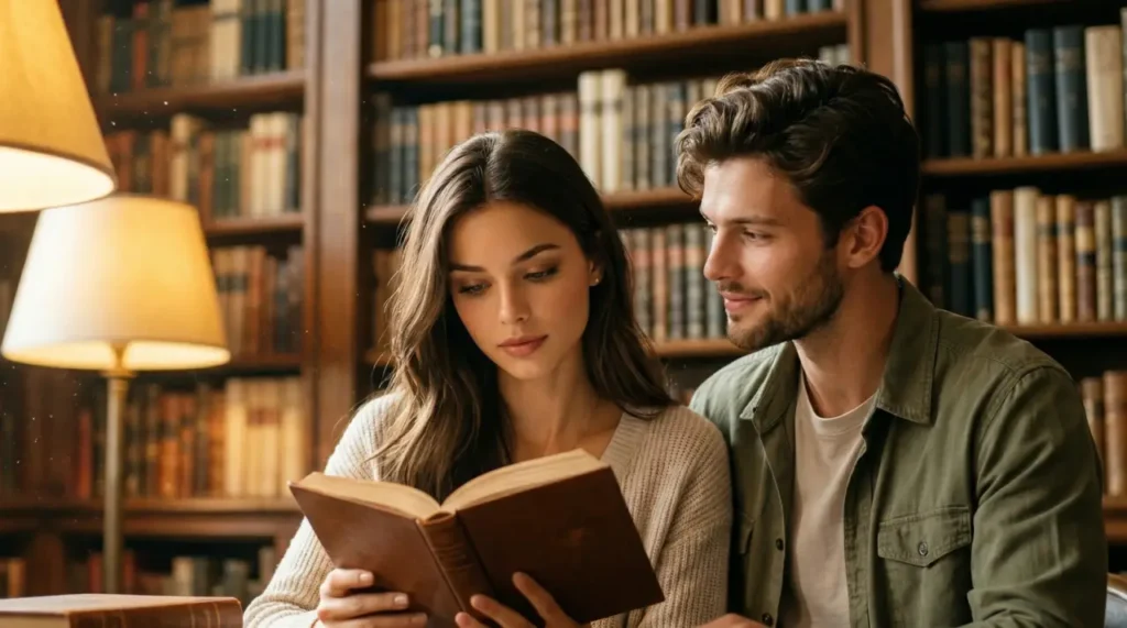 old library romance couple photo ai prompt