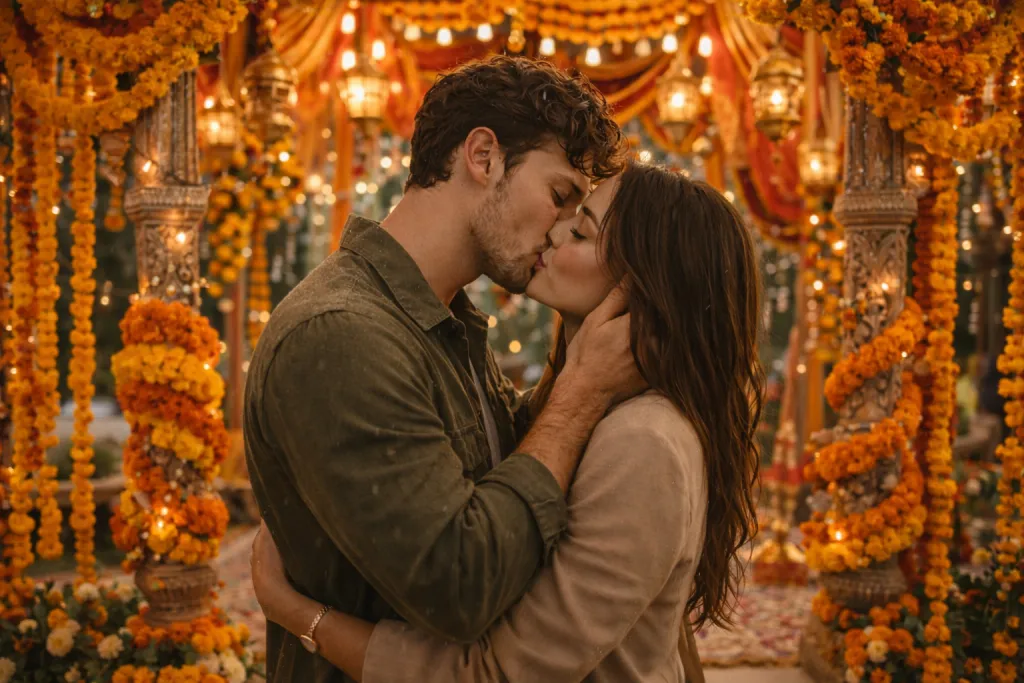 Bride and groom kissing in floral mandap joyful scene