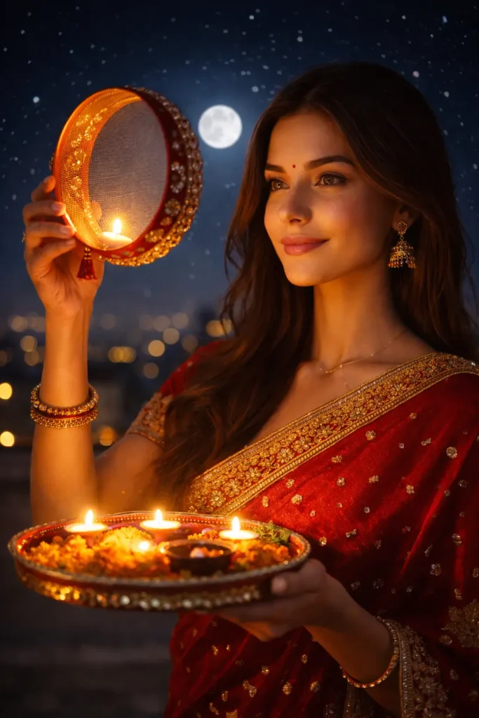 Classic Moonlit Rooftop Karva Chauth Photo Prompt