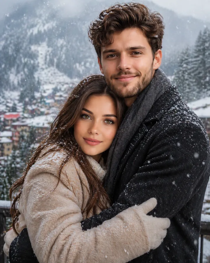 Couple Hug in Snowfall Hill Station