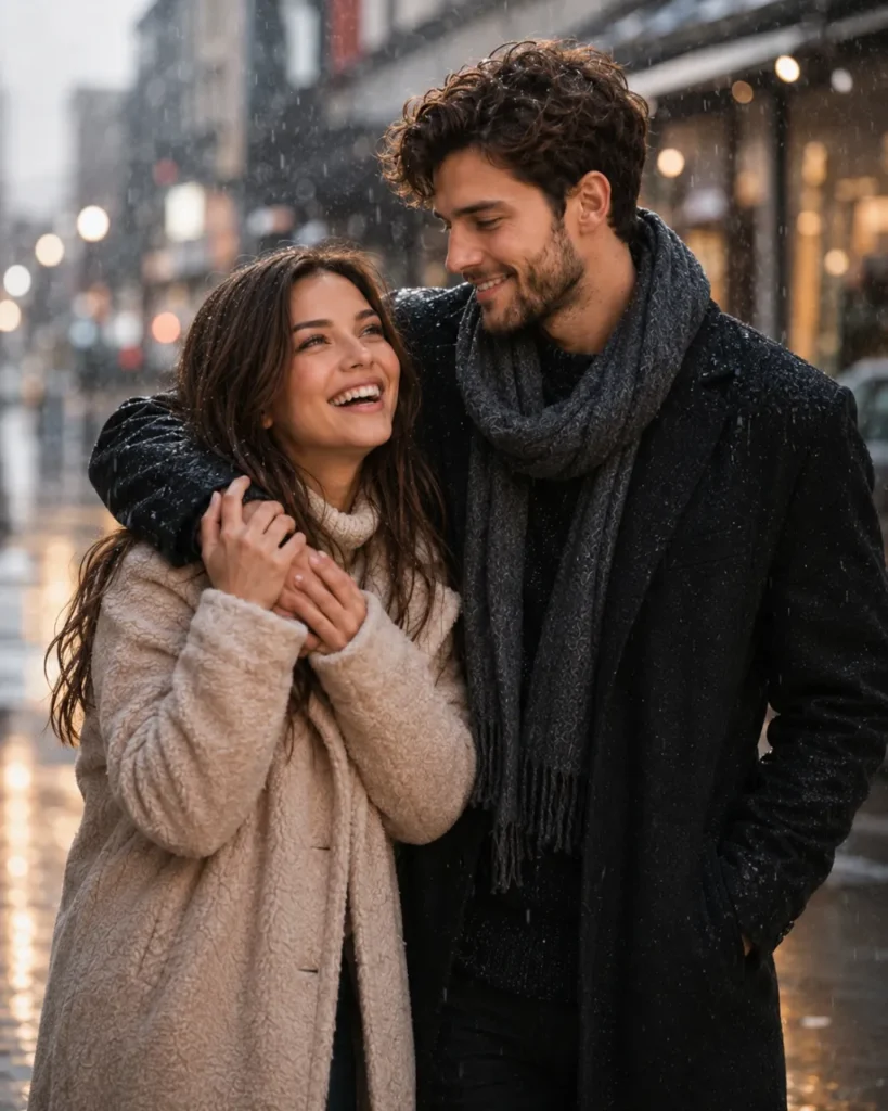Couple Laughing Together In Rain