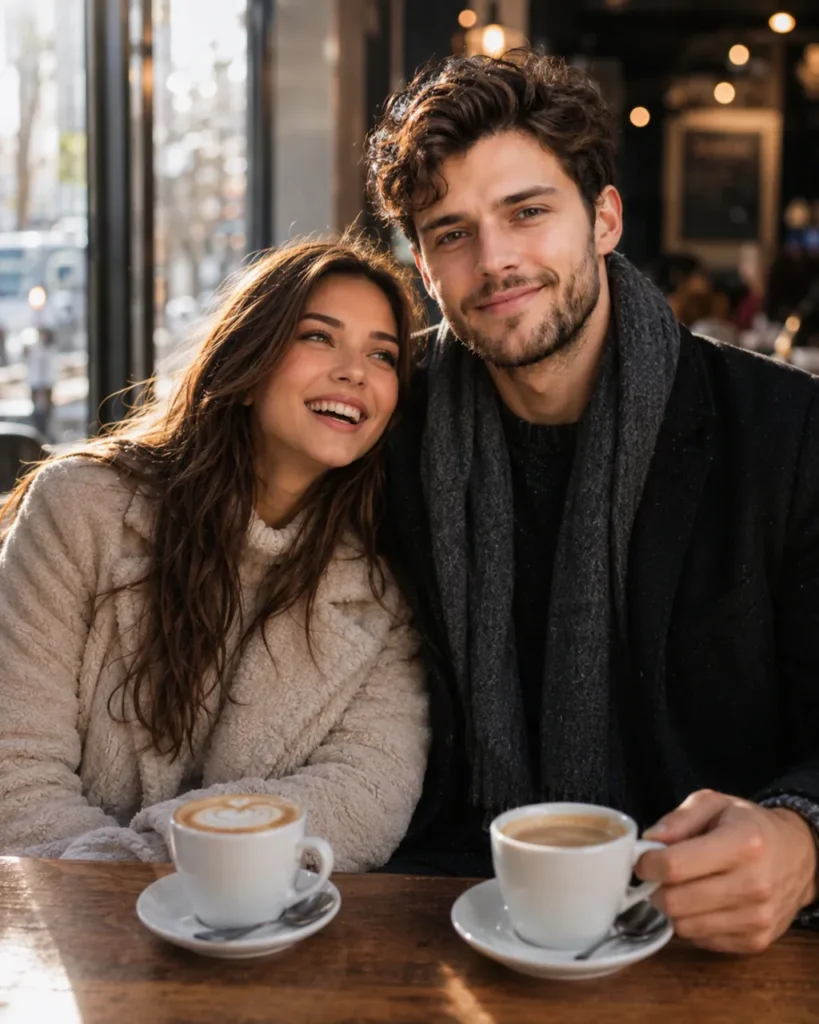 Couple Sitting Together In Cozy Cafe