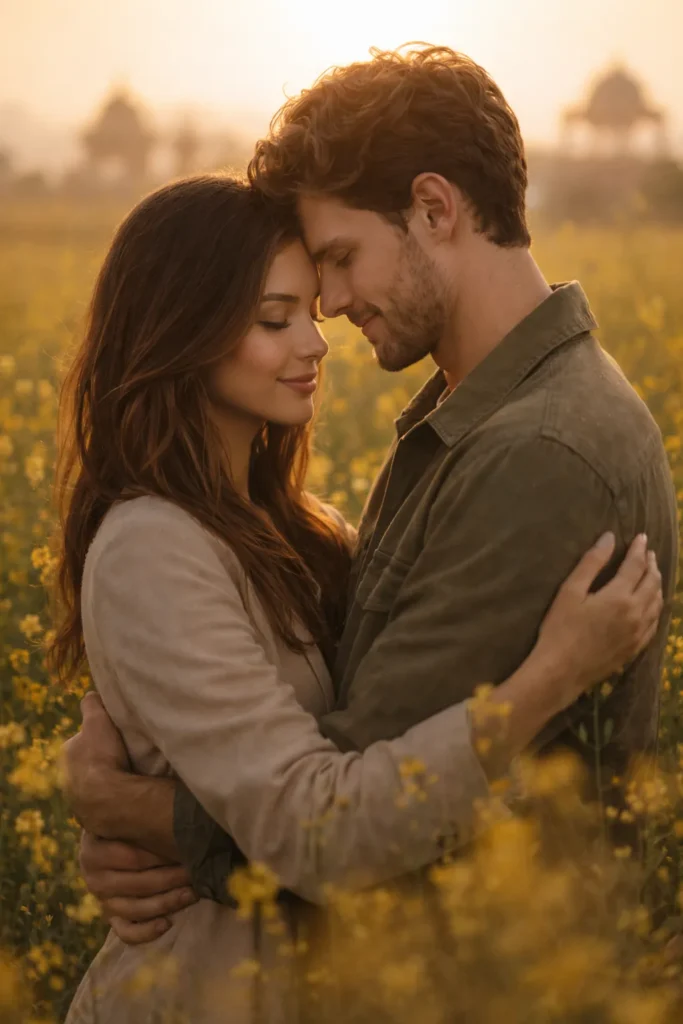 Couple hugging in mustard field at golden hour Rajasthan