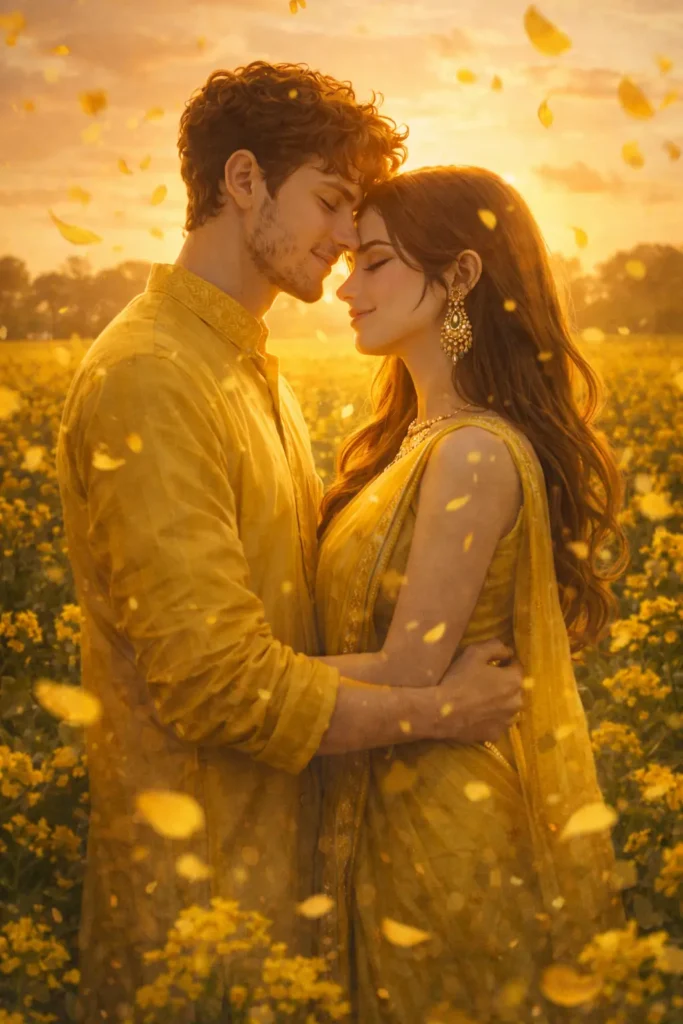 Couple in mustard farm with dramatic lighting festive vibe