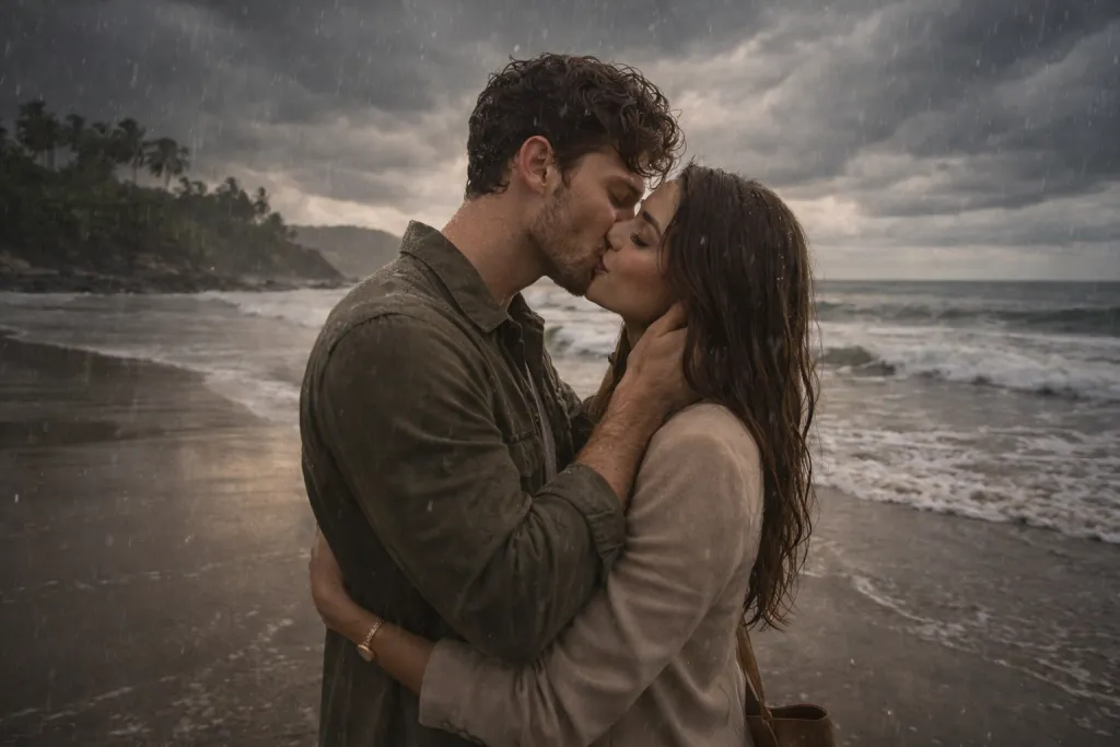 Couple kissing in rain on Goa beach cinematic scene