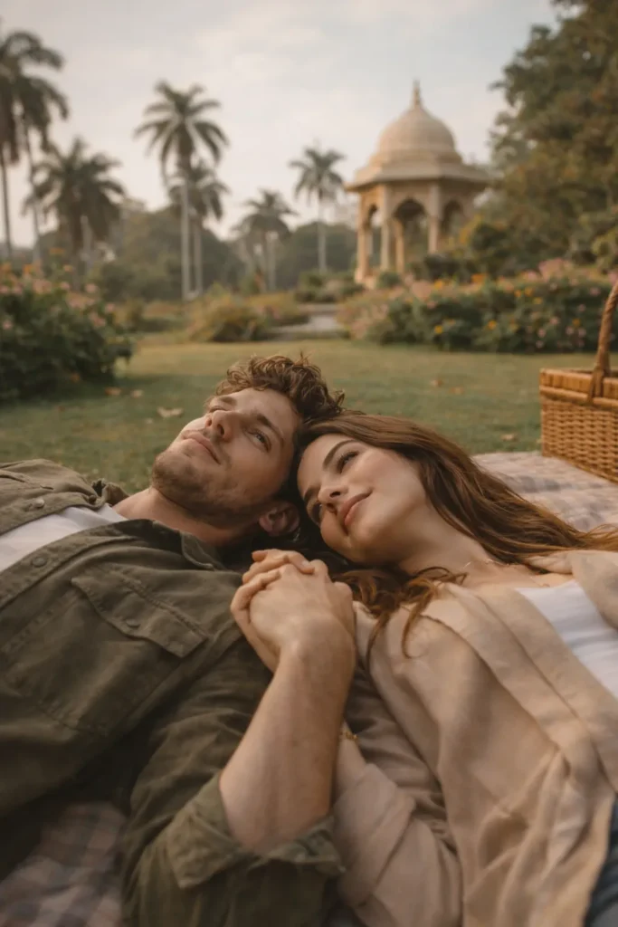 Couple lying on picnic blanket holding hands in park