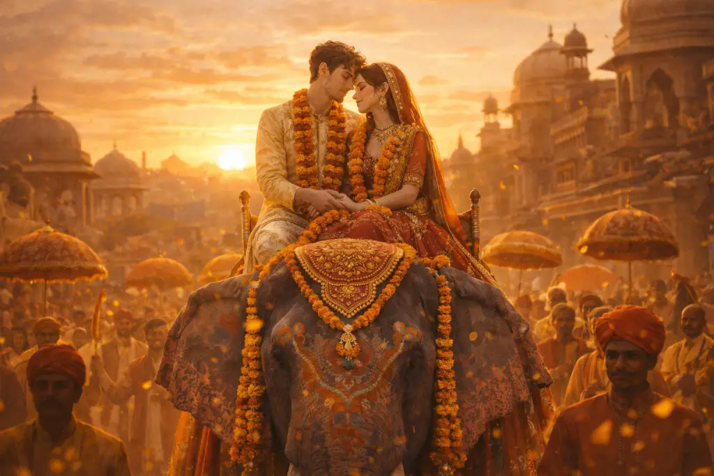 Couple on elephant Rajasthan wedding
