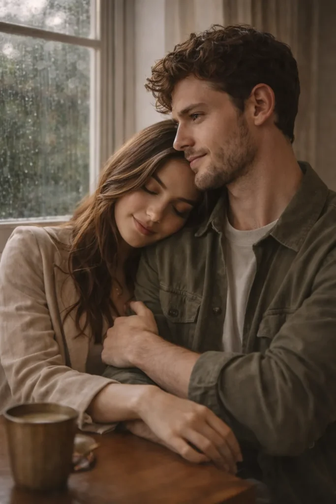 Cozy couple moment with rain outside and warm chai