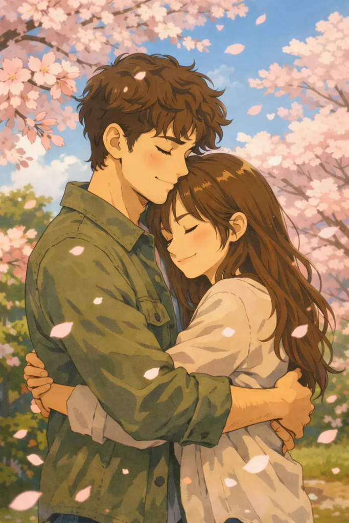 Cute anime couple hugging in dreamy sakura scene