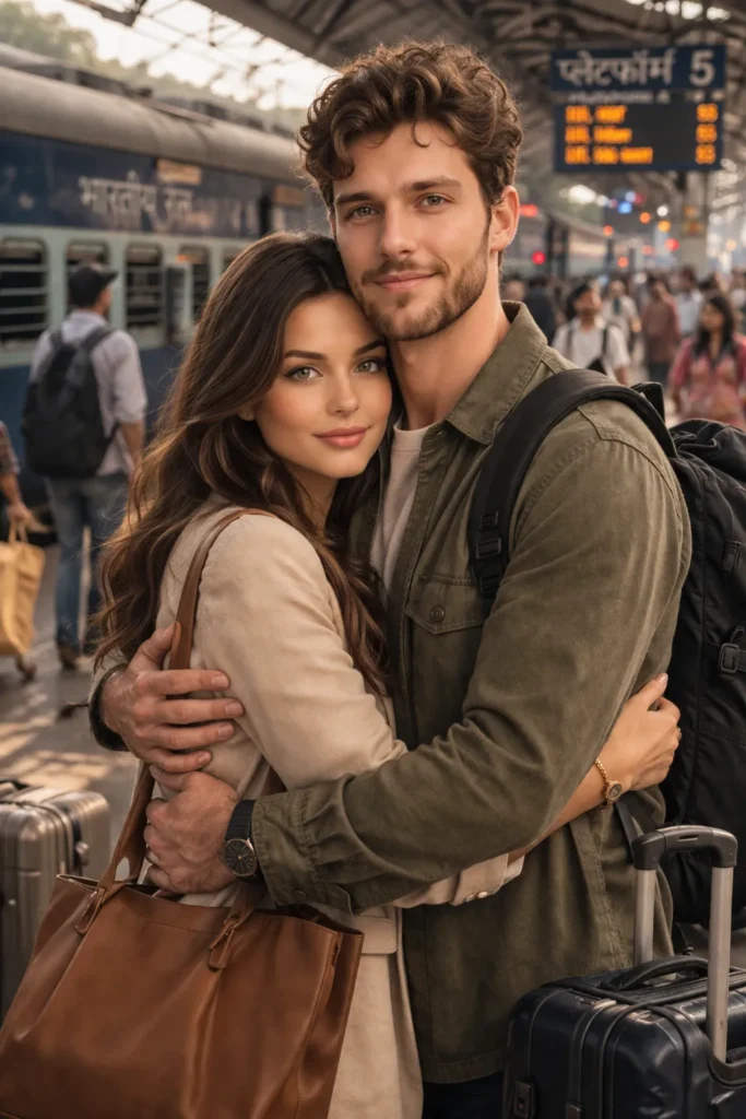 Love couple farewell hug at Indian station realistic scene
