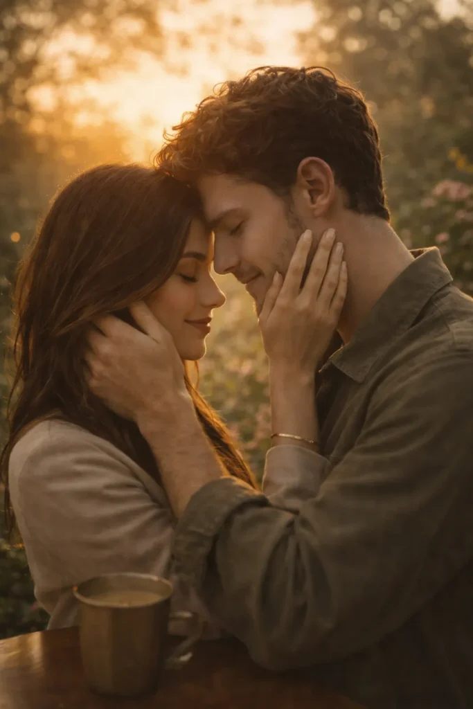 Love couple gentle touch no kiss warm sunset light