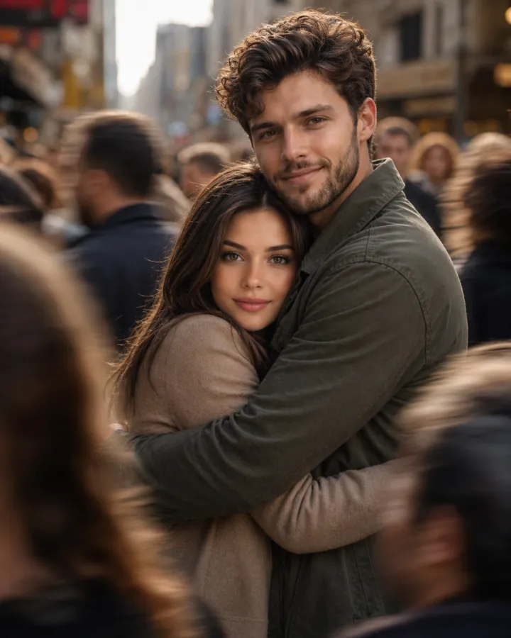 Protective Hug in Busy City Crowd Couple Prompt