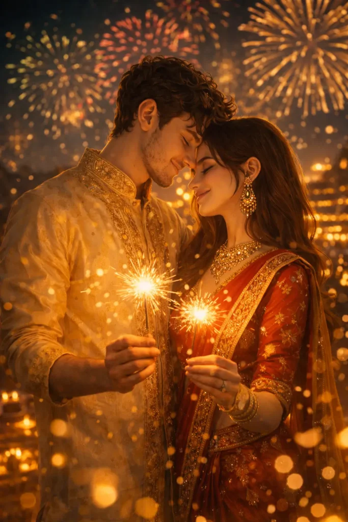 Romantic Diwali couple with fireworks sky