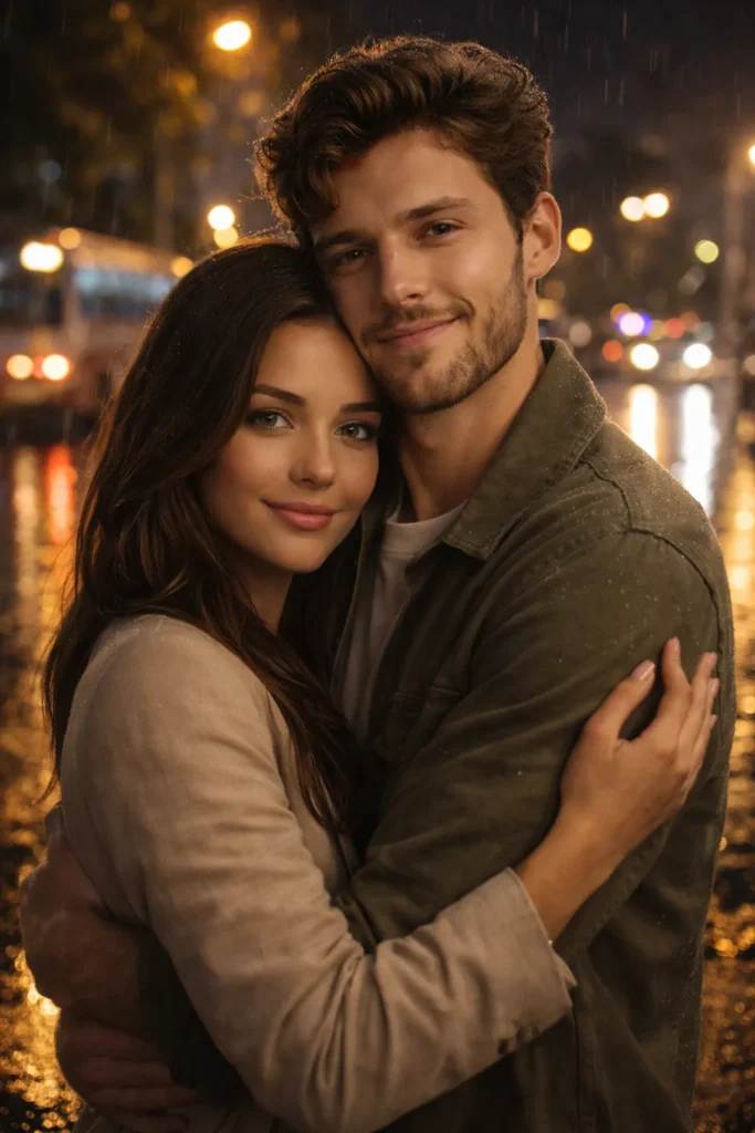 Romantic couple hugging in rainy Mumbai night