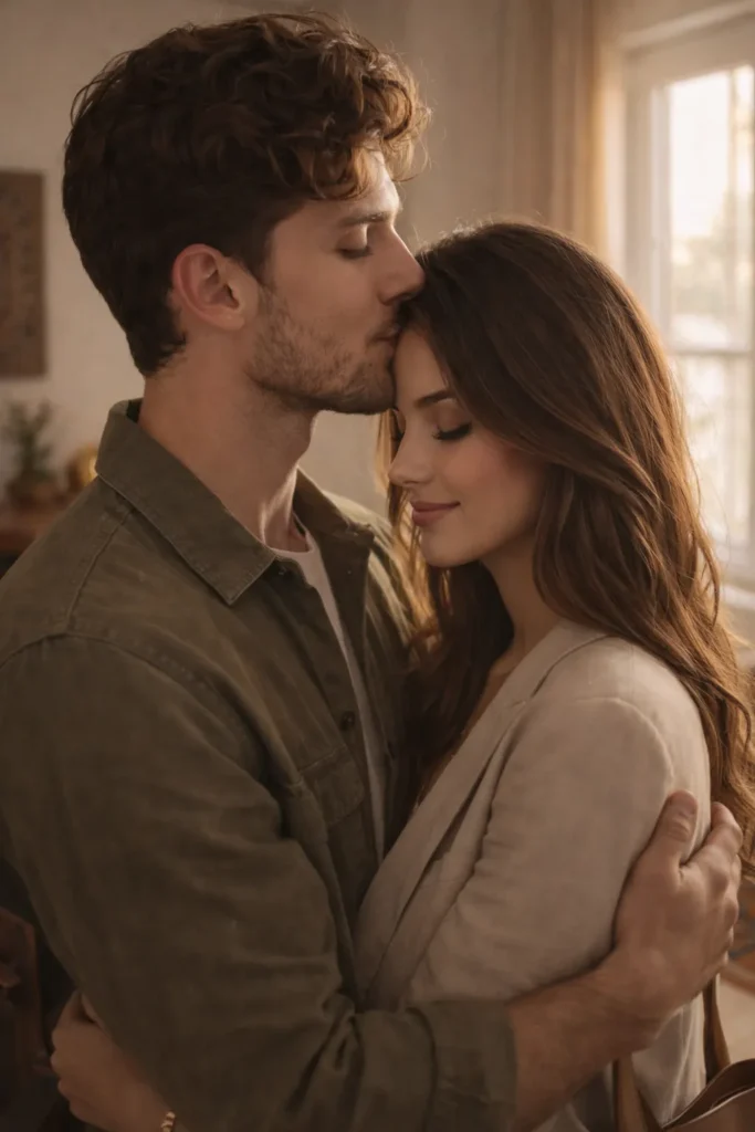 Romantic forehead kiss in minimalist Indian home