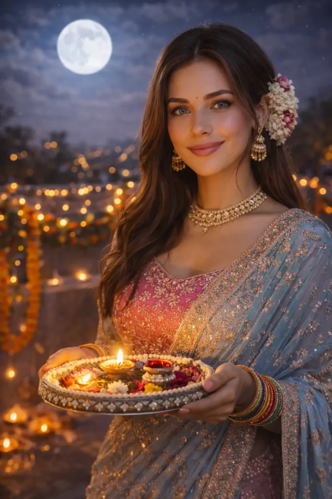 Sky Blue Lehenga Karva Chauth Couple Photo Prompt