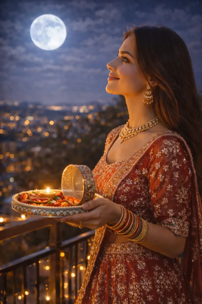  Traditional Red Lehenga Karva Chauth Couple Photo Prompt