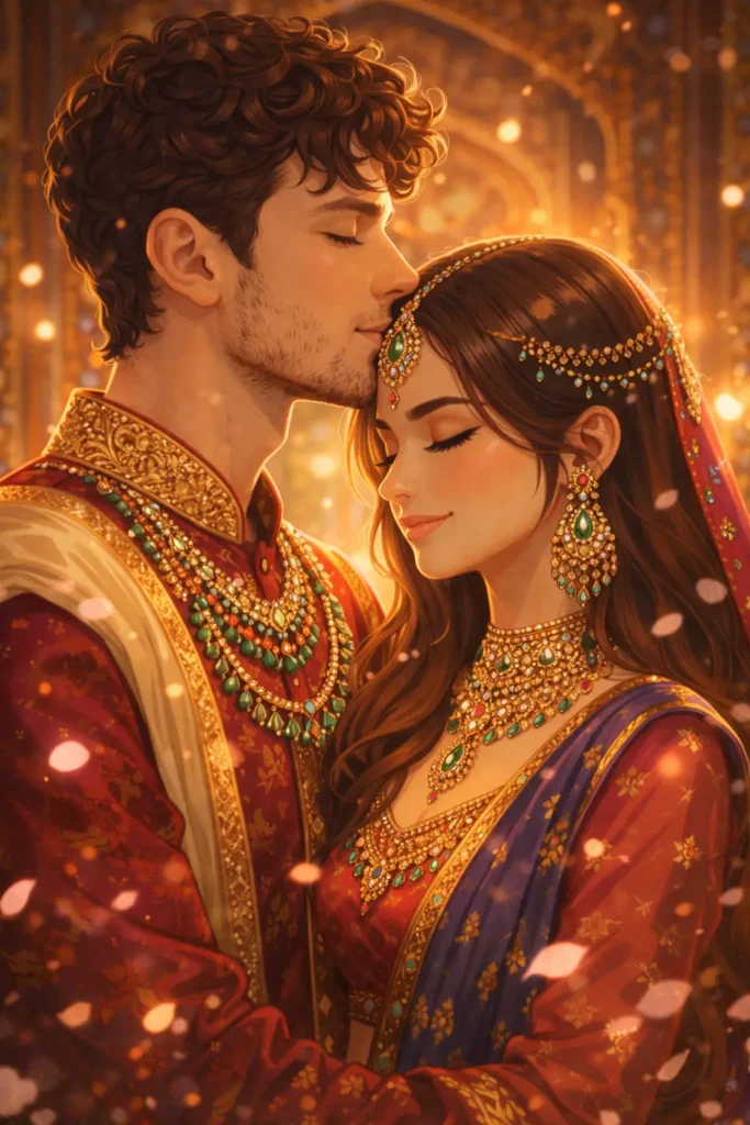 Vibrant Indian couple art with jewel tone colors and kiss