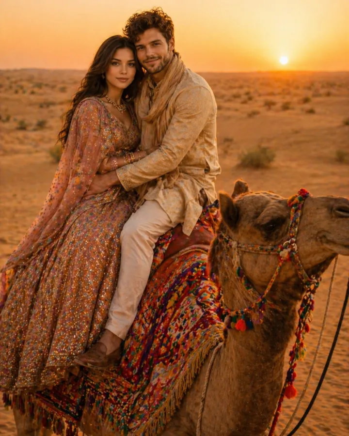 camel ride couple hug in rajasthan prompt