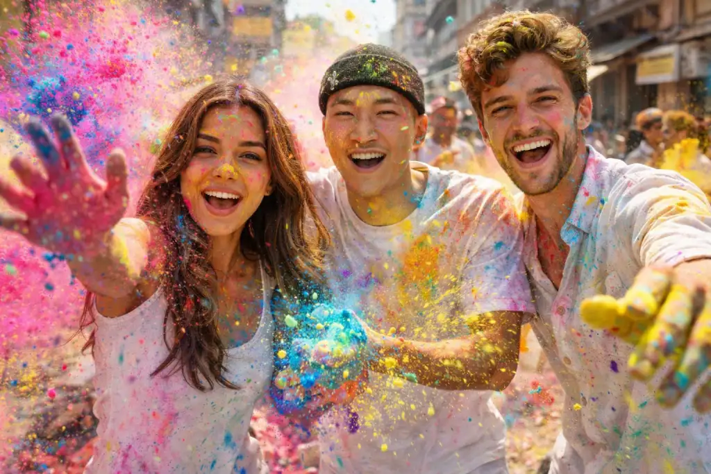 holi celebration with friends face lock ai prompt