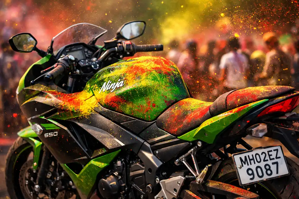 holi celebration with kawasaki ninja photo prompt