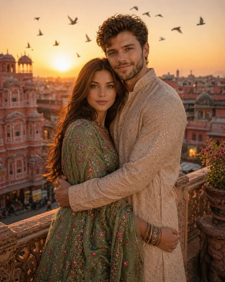 rooftop haveli sunset hug couple photo prompt