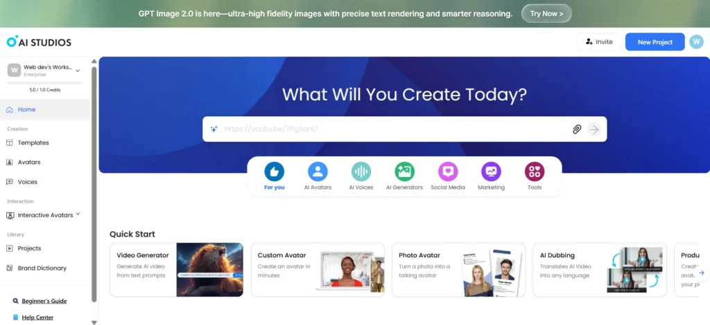 AI Studios Dashboard — Home screen showing What Will You Create Today prompt