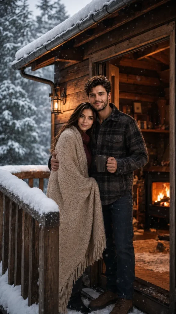 Cozy Cabin Doorstep Snow Scene Prompt