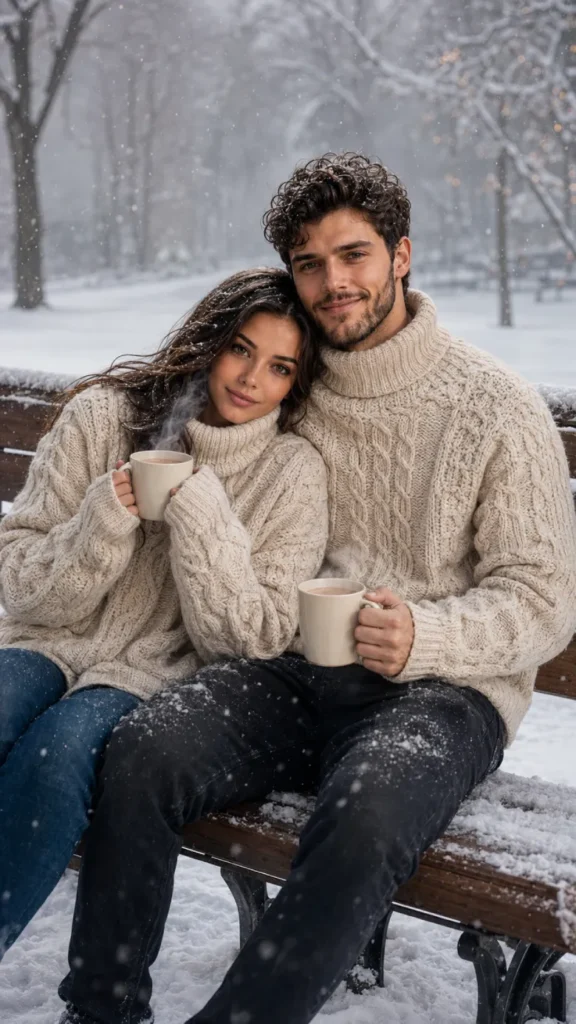 Matching Sweater Park Bench Portrait