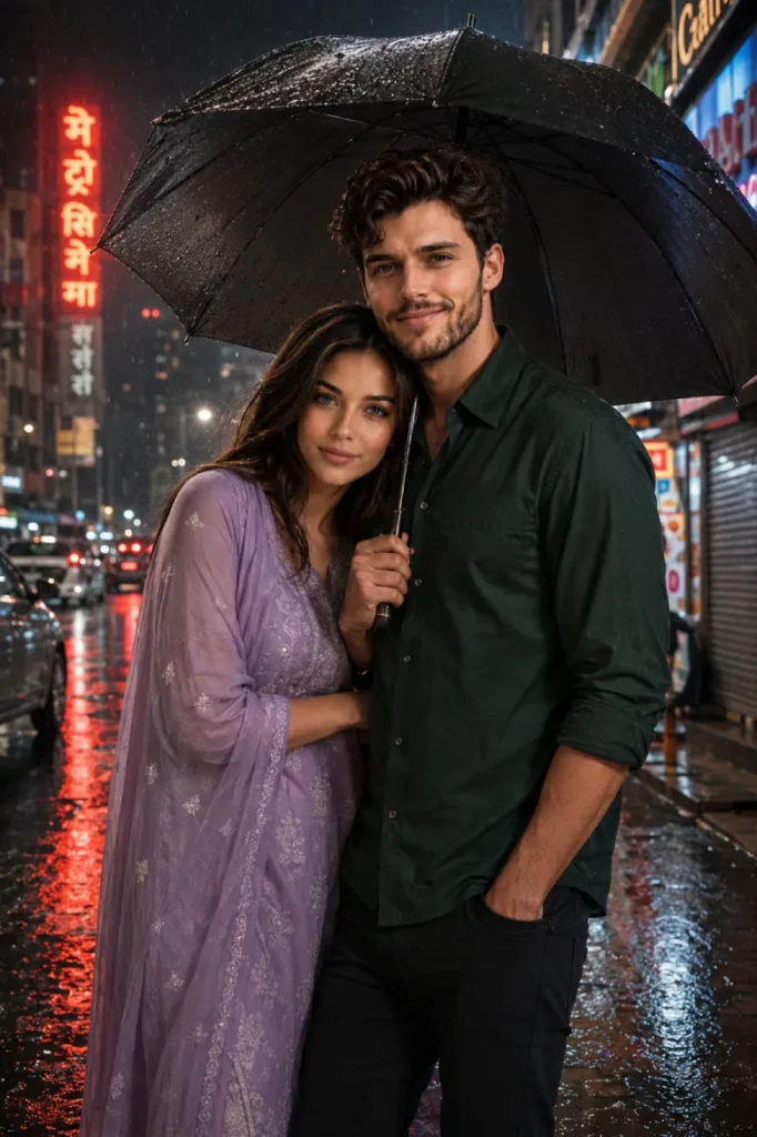Monsoon Rain Umbrella Couple Prompt