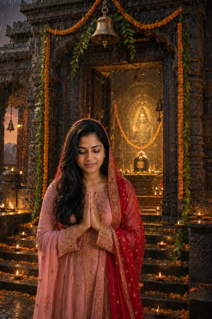 Sawan Girl Temple Entrance Prayer in Rain