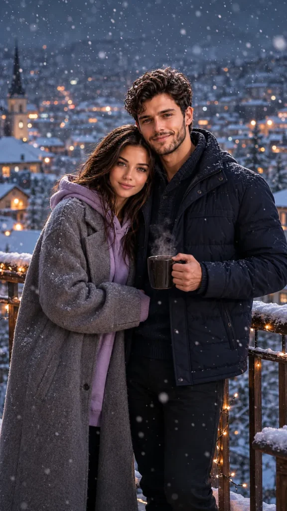 Snow Balcony Romantic Moment Prompt
