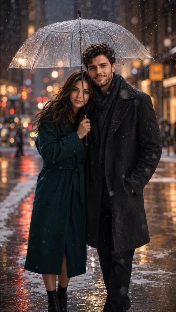 Umbrella Walk in Winter Rain-Snow